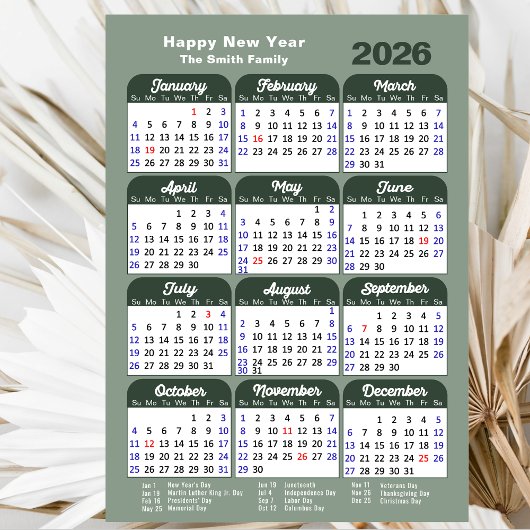 Modern Sage Green 2025 Kalender Minimalistisch Scr Feestdagenkaart
