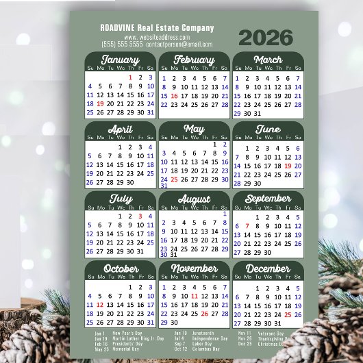 Modern Sage Green 2025 Kalender Zakelijk Eenvoudig Feestdagenkaart