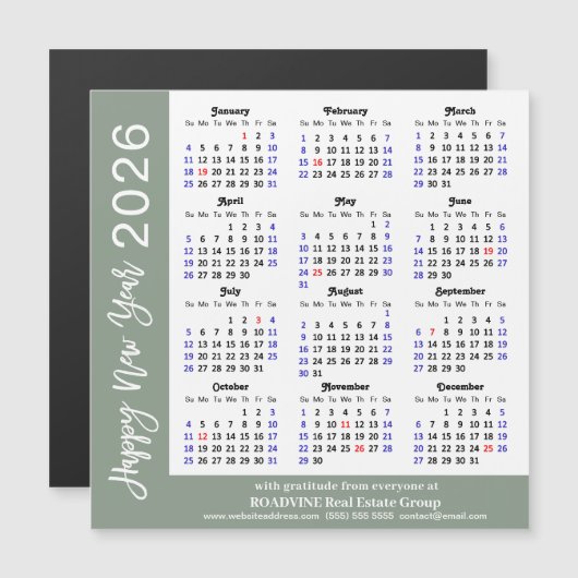 Modern Sage Green 2025 Kalender Zakelijk Magnetisc (Voorkant / Achterkant)