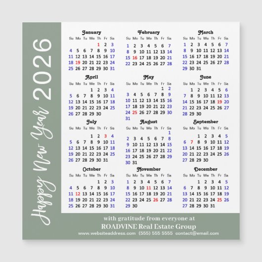 Modern Sage Green 2025 Kalender Zakelijk Magnetisc (Voorkant)
