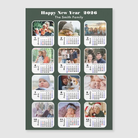 Modern Sage Green 2026 Kalender 12 Foto Magnetisch (Voorkant)