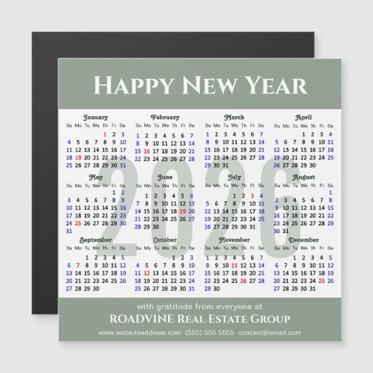 Modern Sage Green 2026 Kalender Zakelijk Magnetisc (Voorkant / Achterkant)
