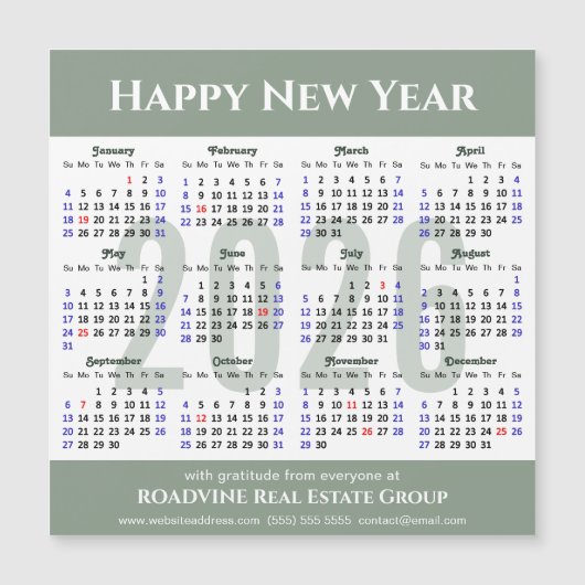 Modern Sage Green 2026 Kalender Zakelijk Magnetisc (Voorkant)