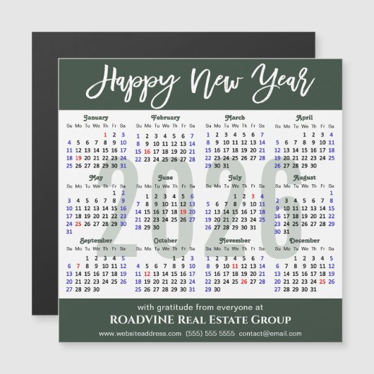 Modern Sage Green 2026 Kalender Zakelijk Magnetisc (Voorkant / Achterkant)