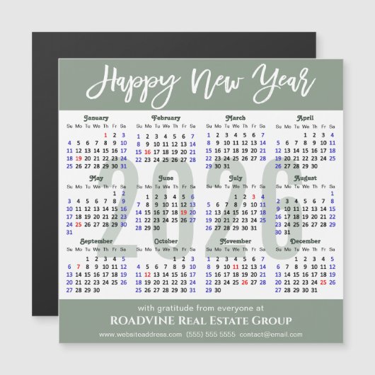 Modern Sage Green 2026 Kalender Zakelijk Magnetisc (Voorkant / Achterkant)