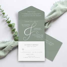 Modern Sage Green Ampersand Minimal Wedding All In One Uitnodiging