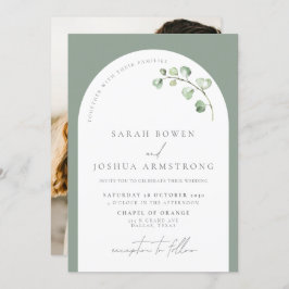 Modern Sage Green Arch Botanical Photo Wedding Kaart