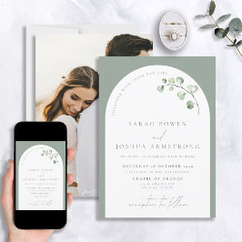 Modern Sage Green Arch Botanical Photo Wedding Kaart