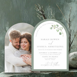 Modern Sage Green Arch Botanical Photo Wedding Kaart
