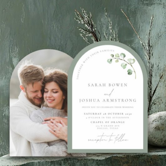 Modern Sage Green Arch Botanical Photo Wedding Kaart
