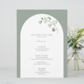 Modern Sage Green Arch Botanical Script Weddenscha Menu (Staand voorkant)