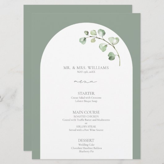 Modern Sage Green Arch Botanical Script Weddenscha Menu (Voorkant / Achterkant)