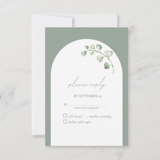 Modern Sage Green Arch Botanical Script Weddenscha RSVP Kaartje (Achterkant)