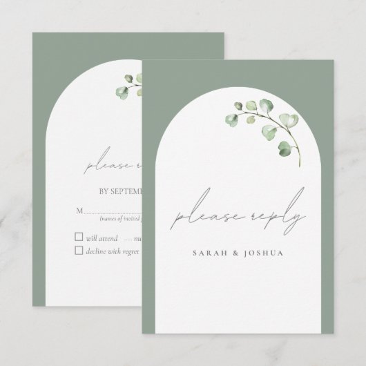 Modern Sage Green Arch Botanical Script Weddenscha RSVP Kaartje (Voorkant / Achterkant)