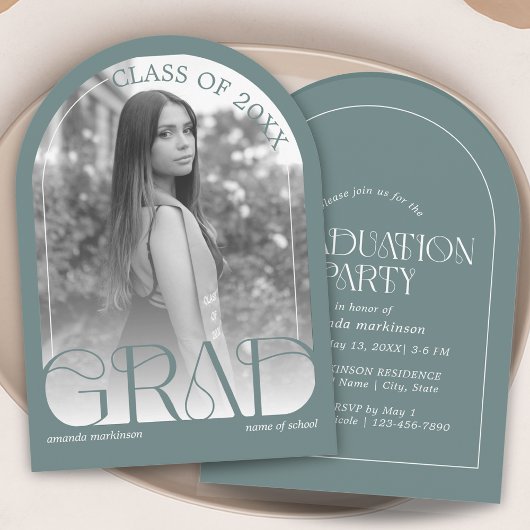 Modern Sage Green Arch Photo Graduation Party Kaart