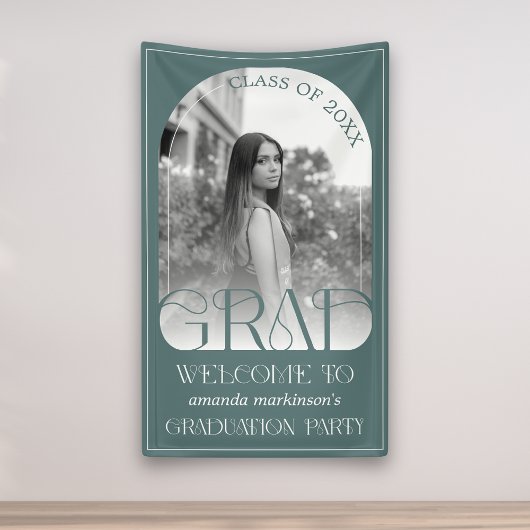 Modern Sage Green Arch Photo Graduation Welcome  Spandoek