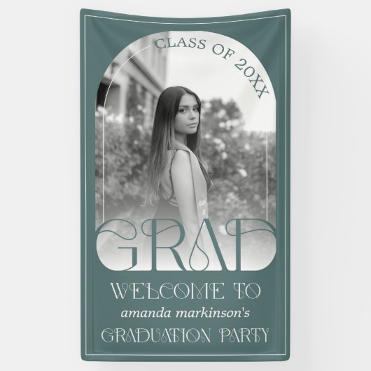 Modern Sage Green Arch Photo Graduation Welcome Spandoek (Verticaal)