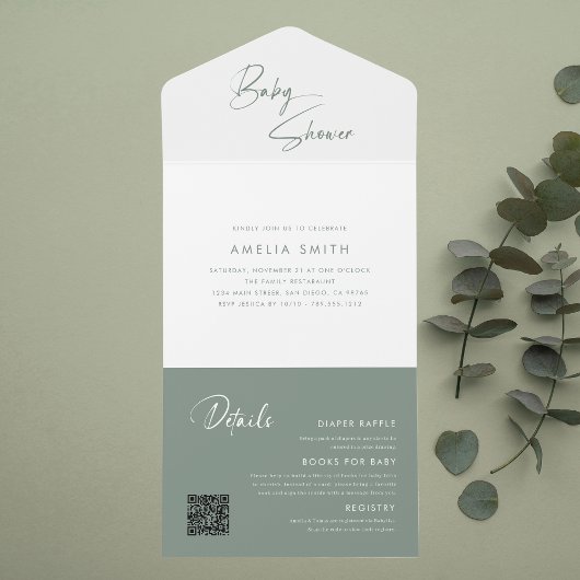 Modern Sage Green Baby shower All-in-One Invitatio All In One Uitnodiging