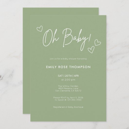 Modern Sage Green Baby Shower Minimal Script Kaart (Voorkant / Achterkant)