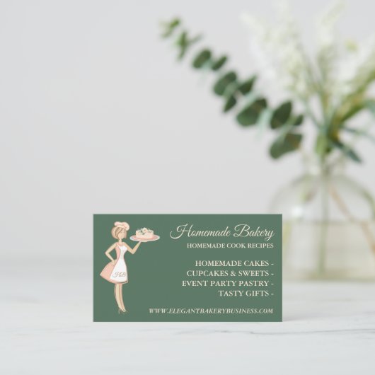 Modern Sage Green Bakery Woman Cake Service Visitekaartje (Staand voorkant)