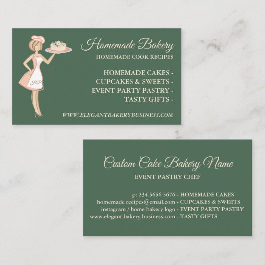 Modern Sage Green Bakery Woman Cake Service Visitekaartje (Voorkant / Achterkant)