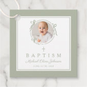 Modern Sage Green Baptism Photo Bedankjes Labels (Voorkant)