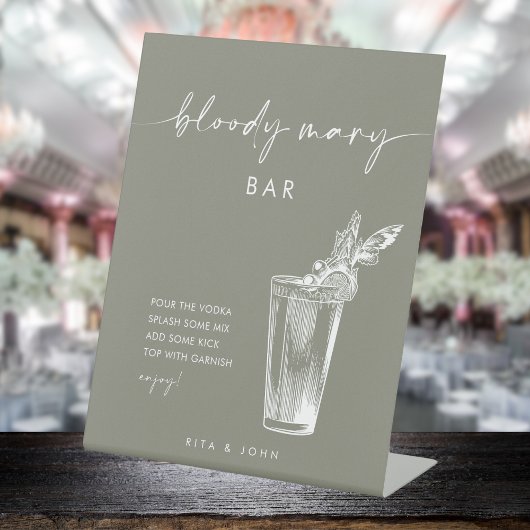 Modern Sage Green Bloody Mary Bar Trouwbord Reclamebord Met Voetstuk