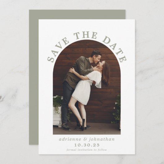 Modern Sage Green Boho Arch Photo Wedding Save The Date (Voorkant / Achterkant)