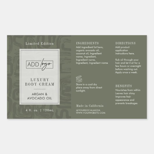 Modern Sage Green Boho Logo 4OZ Cosmetic Bottle Rechthoekige Sticker (Voorkant)