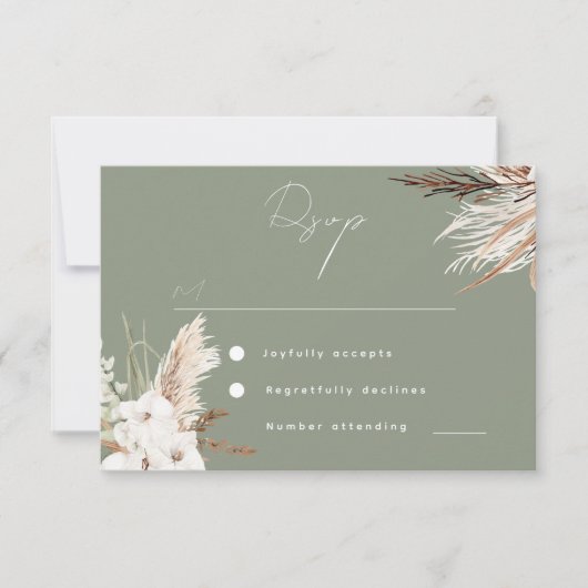 Modern Sage Green Boho White Floral Wedding RSVP Kaartje (Voorkant)