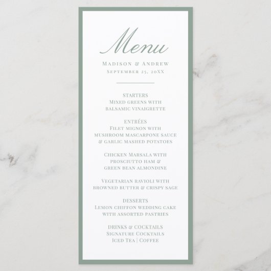 Modern Sage Green Border Wedding Menu (Voorkant)