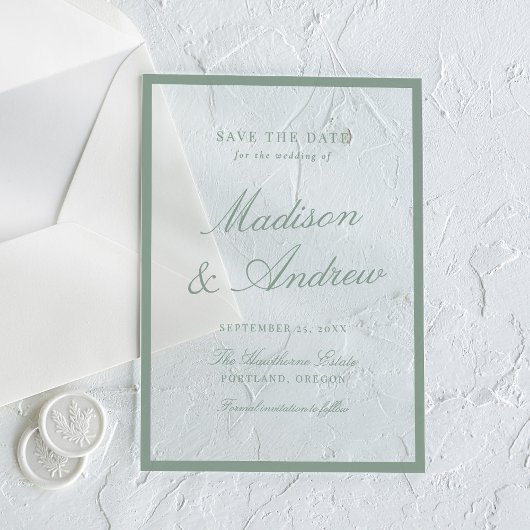 Modern Sage Green Border Wedding Save the Date Acryl Uitnodigingen