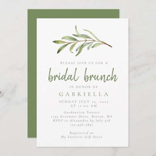 Modern Sage Green Botanical Bridal Brunch Kaart (Voorkant / Achterkant)