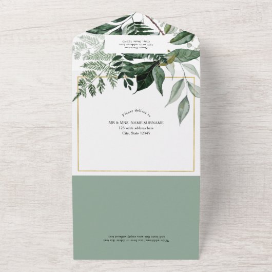 Modern Sage Green Botanische tuinfoto bruiloft All In One Uitnodiging (Buitenkant)