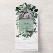 Modern Sage Green Botanische tuinfoto bruiloft All In One Uitnodiging (Binnen)