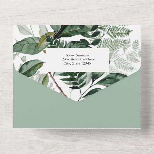 Modern Sage Green Botanische tuinfoto bruiloft All In One Uitnodiging (Achterkant)