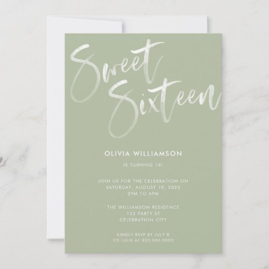 Modern Sage Green Brush Script Sweet 16 Birthday Kaart (Voorkant)