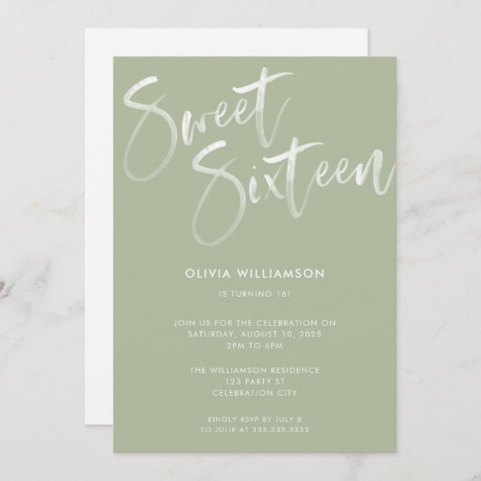 Modern Sage Green Brush Script Sweet 16 Birthday Kaart (Voorkant / Achterkant)