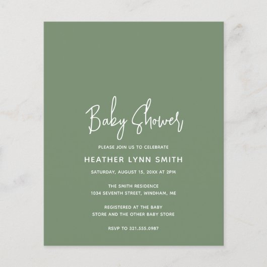 Modern Sage Green Budget Baby shower Invitation (Voorkant)