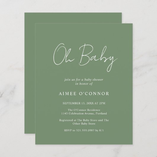 Modern Sage Green Budget Baby shower Invitation (Voorkant / Achterkant)