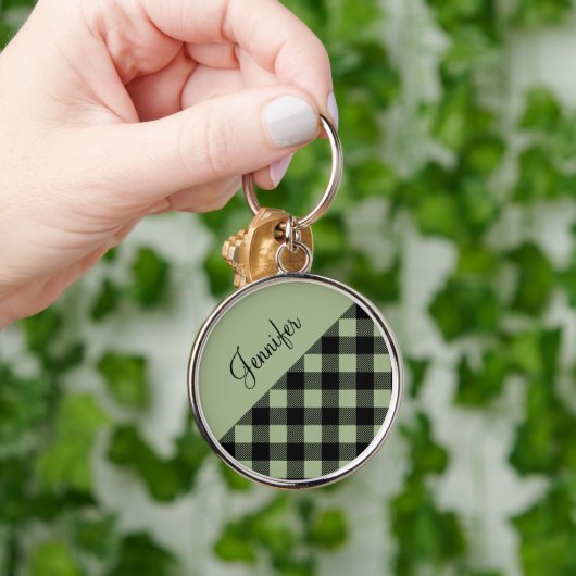 Modern Sage Green Buffalo Check Naam Sleutelhanger (Hand)
