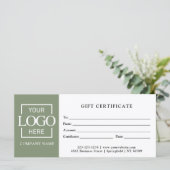 Modern Sage Green Business Logo Gift Certificate (Staand voorkant)