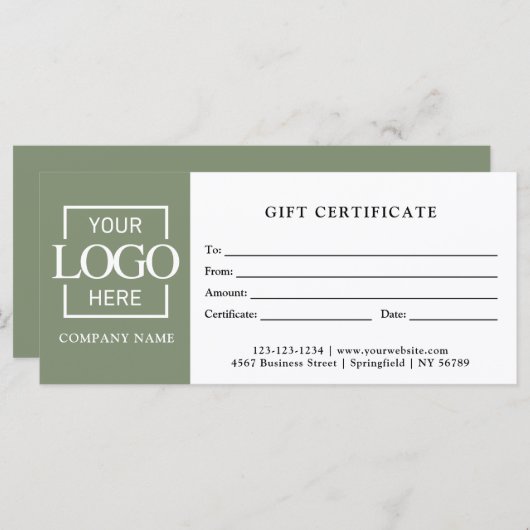 Modern Sage Green Business Logo Gift Certificate (Voorkant / Achterkant)