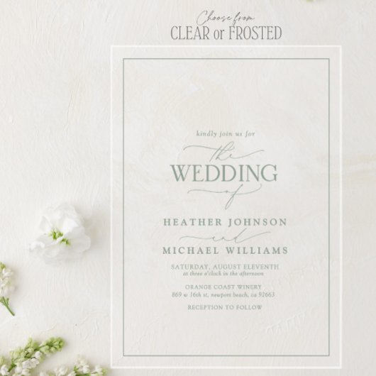 Modern Sage Green Calligraphy Wedding Acryl Uitnodigingen