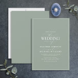 Modern Sage Green Calligraphy Wedding Invitation Kaart<br><div class="desc">Het rendabele, elegante en moderne ontwerp van deze eenvoudige, minimalistische groenachtige en witte typografische bruiloft is de 'Wedding Of' in moderne kalligrafie en Serif-tekst die het belangrijkste ontwerp is, en is gebaseerd op onze beste vrijgezellenfeest-uitnodiging. De achterkant van de kaart is voorzien van een groene sage textuur. De ontwerper van...</div>