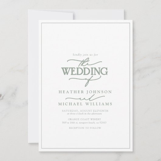 Modern Sage Green Calligraphy Wedding Kaart (Voorkant)