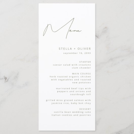 Modern Sage Green Calligraphy Wedding Menu (Voorkant)