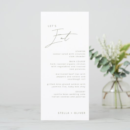 Modern Sage Green Calligraphy Wedding Menu (Staand voorkant)
