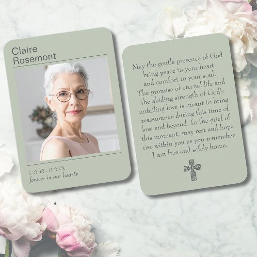 Modern Sage Green Cross Funeral Prayer Card Visitekaartje