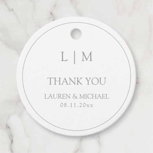 Modern Sage Green Eenvoudig Monogram Dank u Bedankjes Labels (Voorkant)